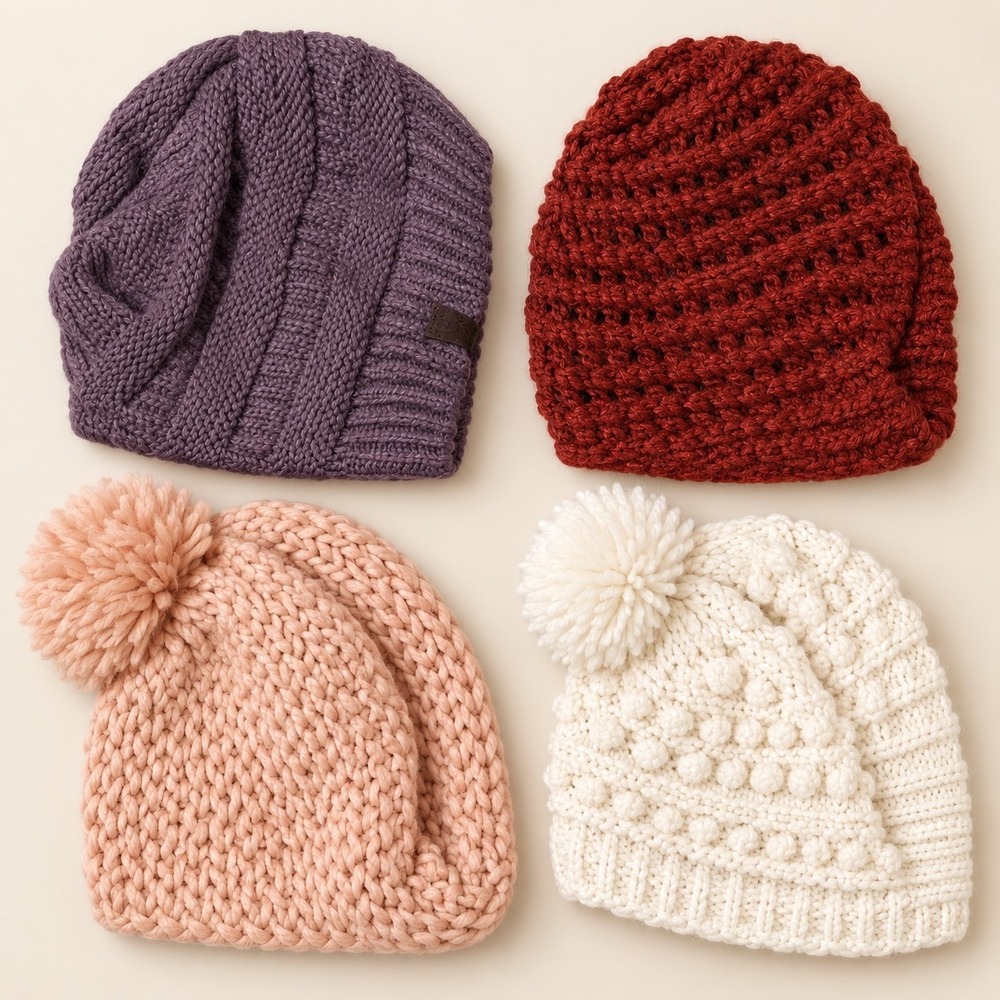 Lot of 4 Women's Chunky Knit Beanie Hats Pom Pom Purple Rust Blush Ivory Winter